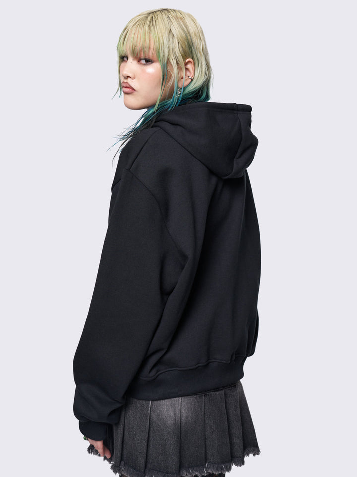 Kitty Graphic Oversized Zip Up Hoodie in Black | Minga Kitty Graphic Oversized Zip Up Hoodie in Black | Minga