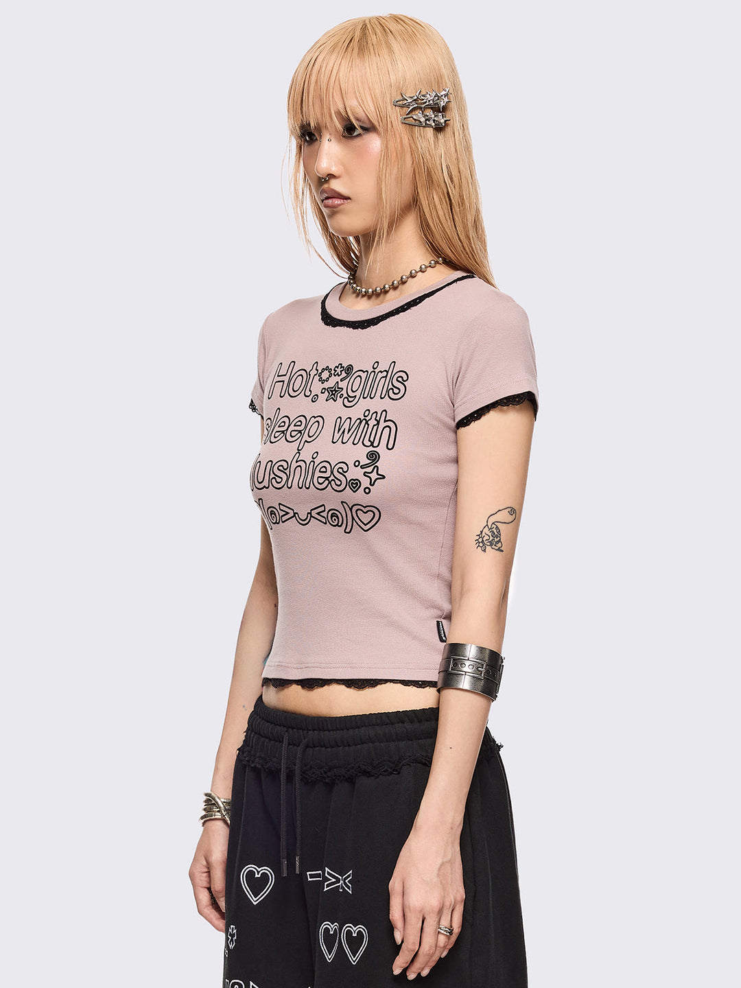 Cute Graphic Baby Tee in Pink with Black Lace Hems | Minga London