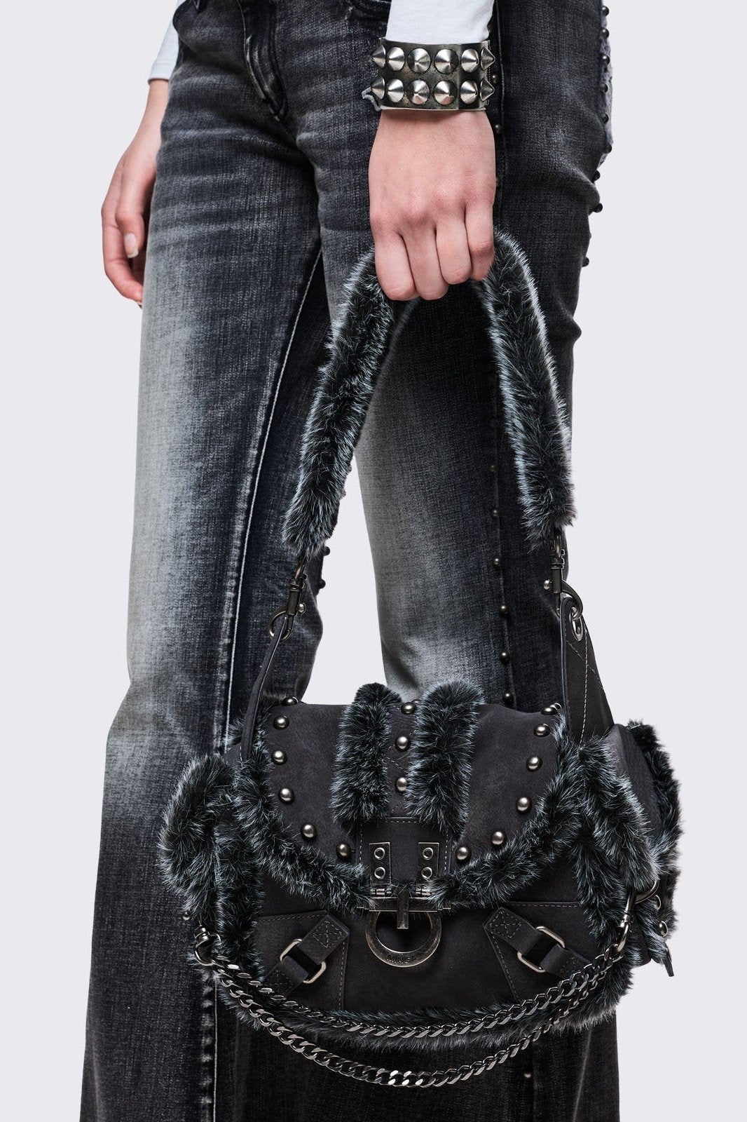 Furry Suede Vegan Leather Shoulder Bag in Black | Minga London