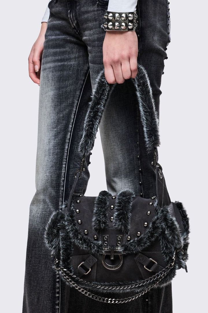 Furry Suede Vegan Leather Shoulder Bag in Black | Minga London
