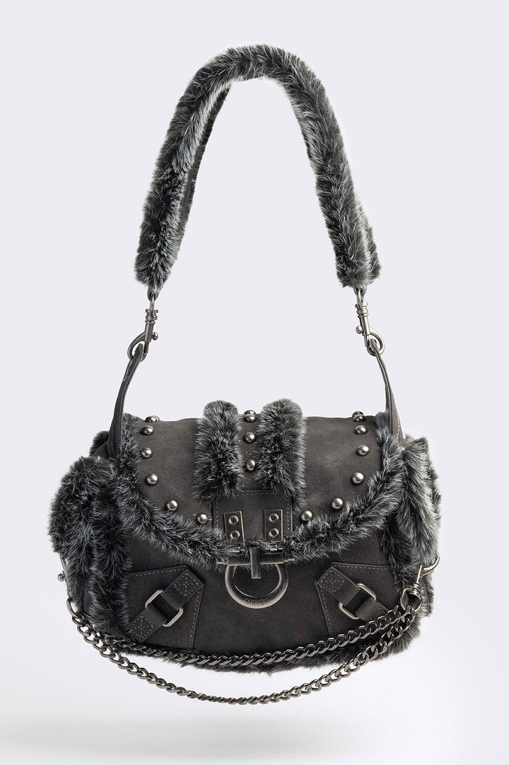 Furry Suede Vegan Leather Shoulder Bag in Black | Minga London