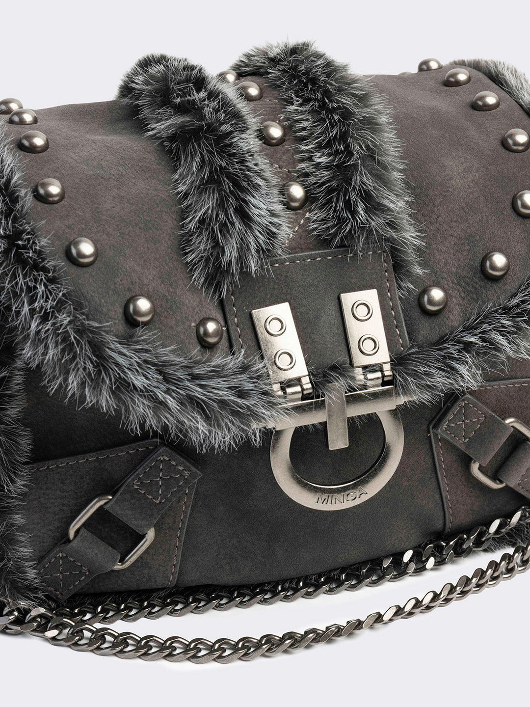 Furry Suede Vegan Leather Shoulder Bag in Black | Minga London