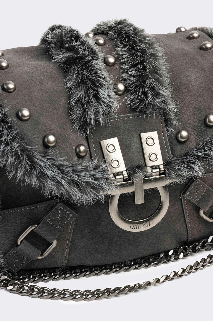 Furry Suede Vegan Leather Shoulder Bag in Black | Minga London