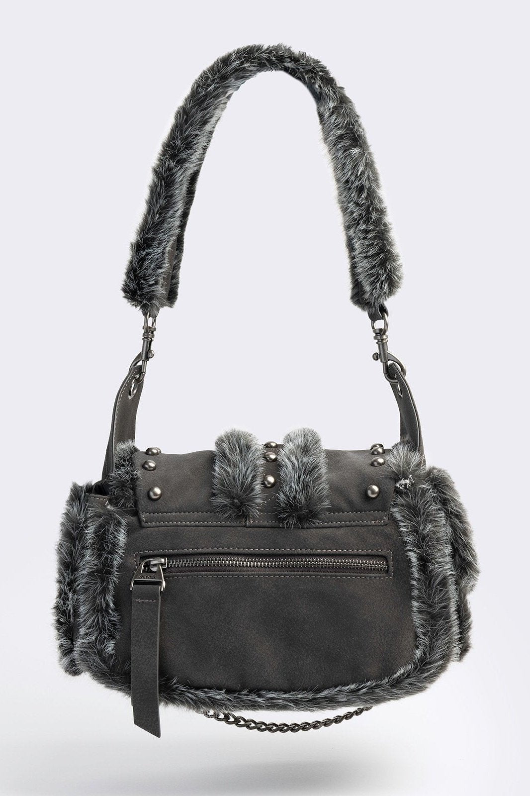 Furry Suede Vegan Leather Shoulder Bag in Black | Minga London