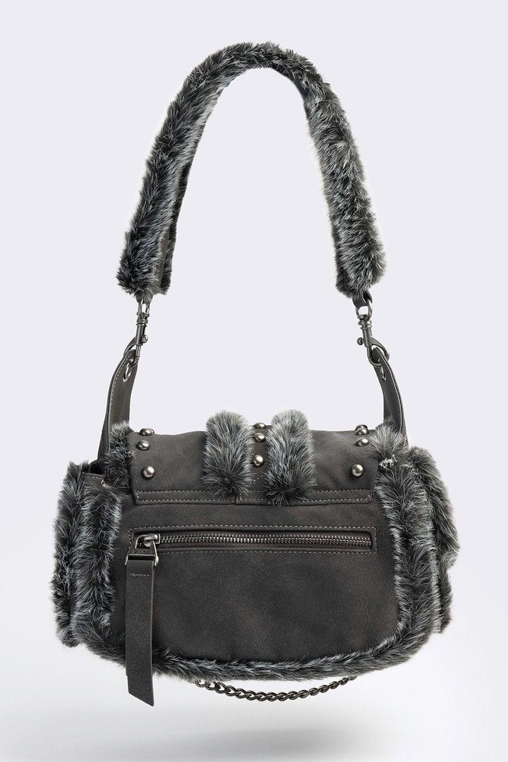 Furry Suede Vegan Leather Shoulder Bag in Black | Minga London