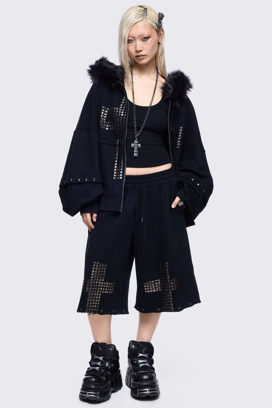 Wide Leg Sweatpants with Studded Cross | Minga London