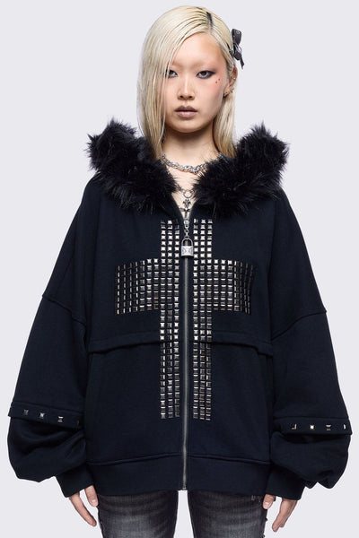 あおば着用　BEEDEN ZIP UP HOODED FUR BLOUSON Oversized Zip Up Furry Hoodie with Studded Cross | Minga London