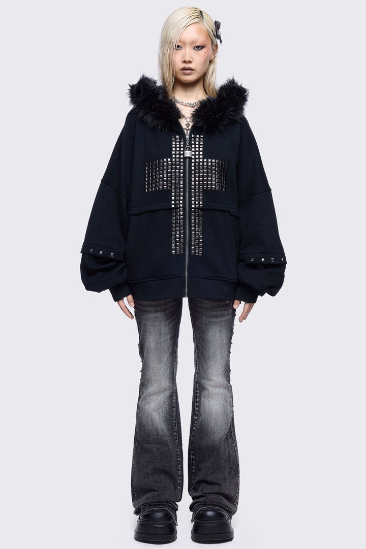 Oversized Zip Up Furry Hoodie with Studded Cross | Minga London