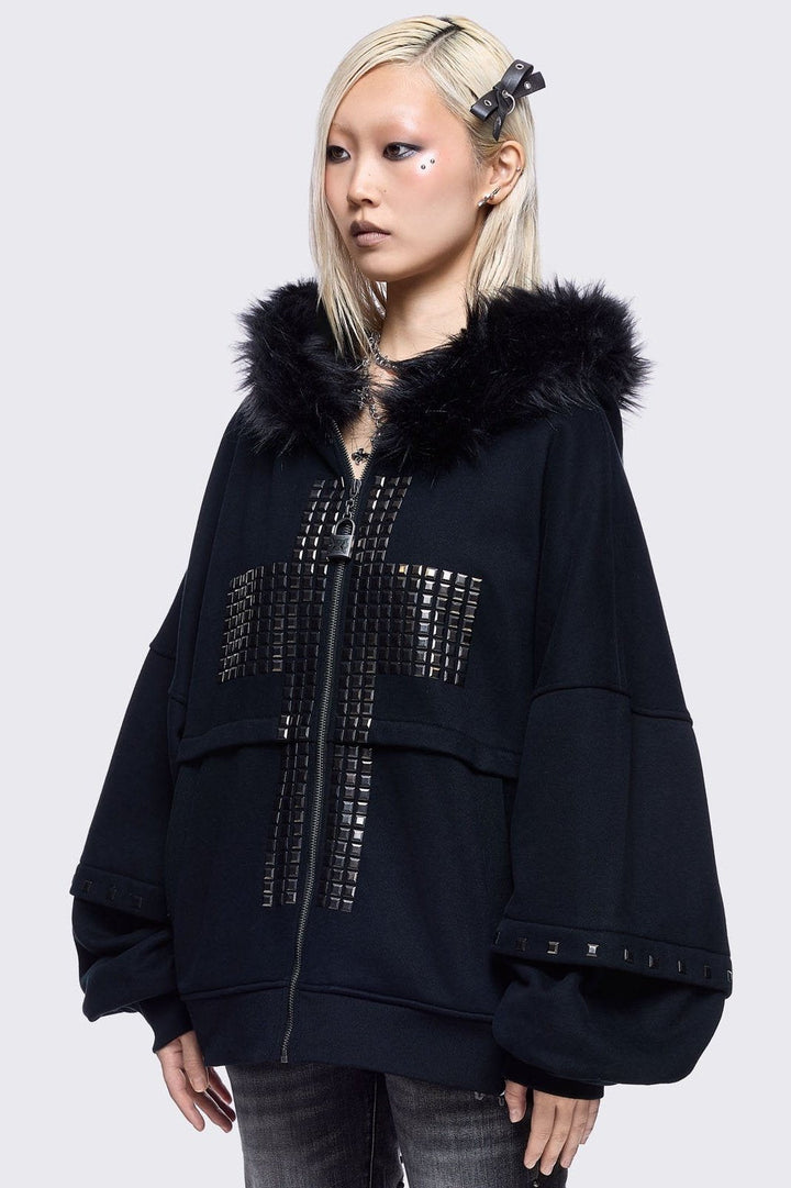 Oversized Zip Up Furry Hoodie with Studded Cross | Minga London
