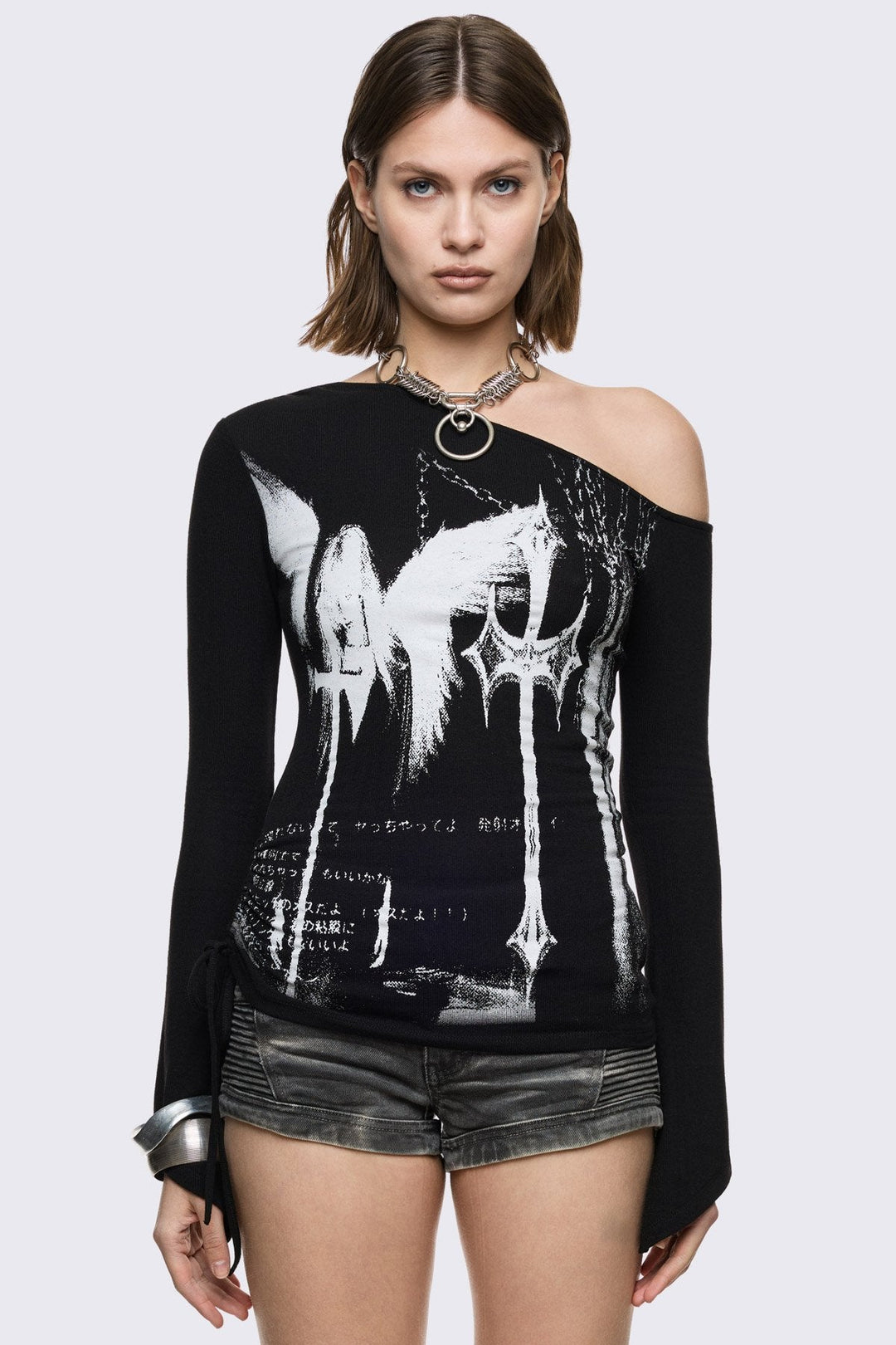 Off-Shoulder Graphic Top with Ruched Side | Minga London