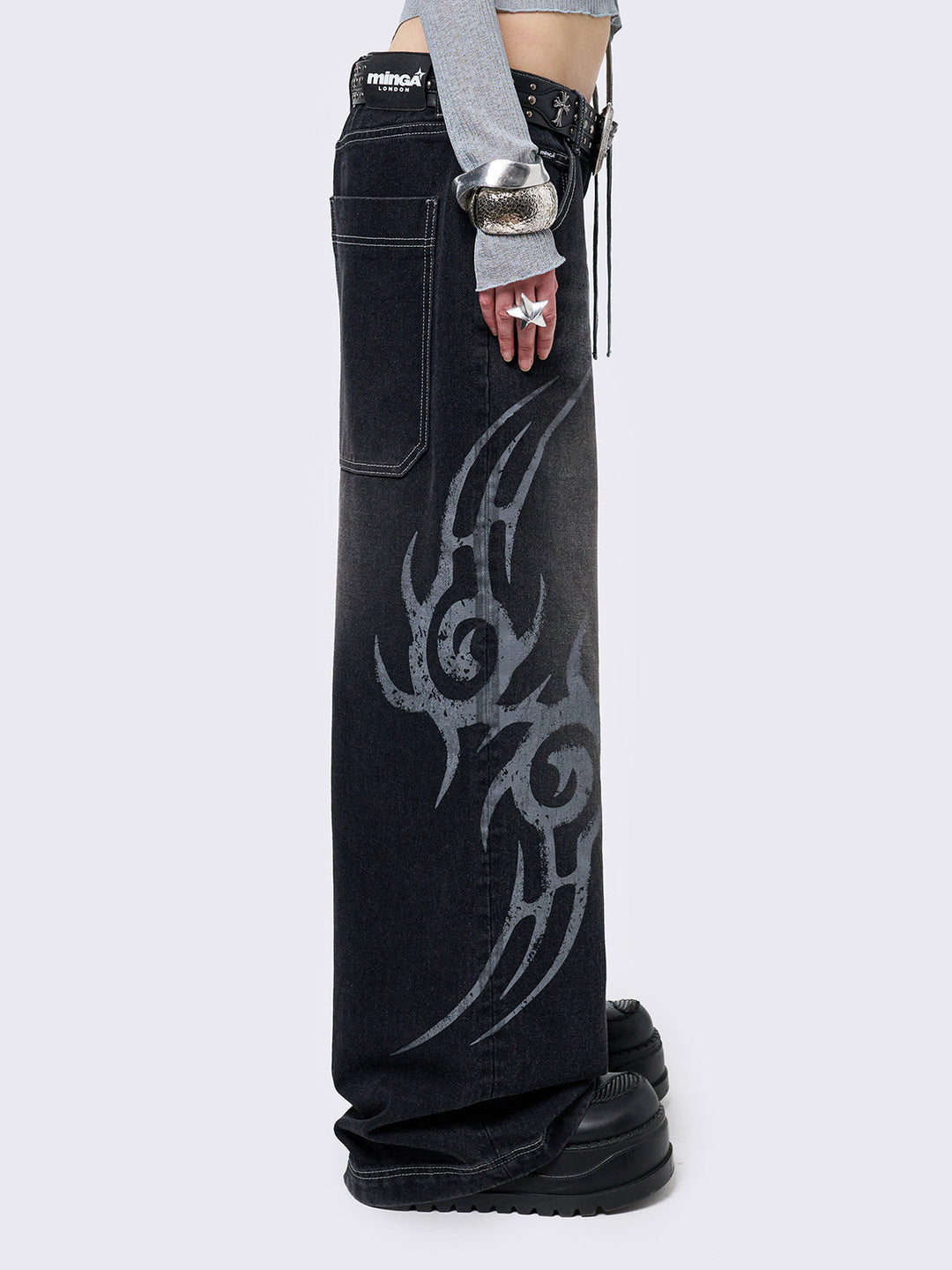Black Baggy Jeans with Tribal Sigilism Graphic Print Minga