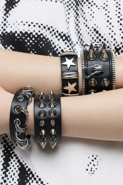 4 Pc Leather Bracelet Set - Spikes, Studs and Eyelets | Minga