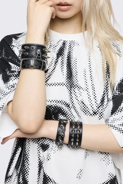 4 Pc Leather Bracelet Set - Spikes, Studs and Eyelets | Minga