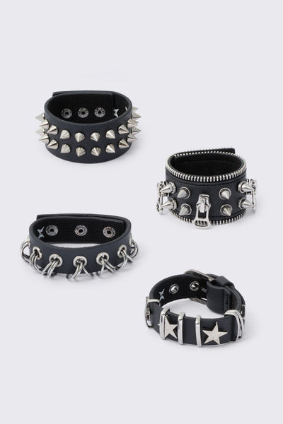 4 Pc Leather Bracelet Set - Spikes, Studs and Eyelets | Minga