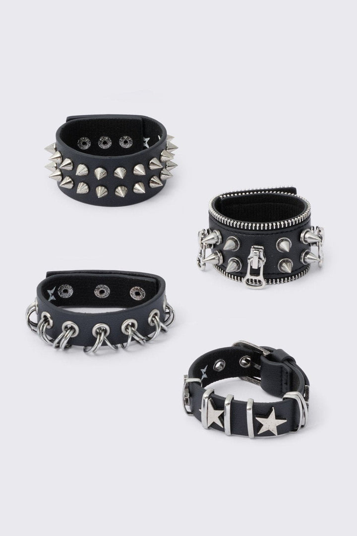 4 Pc Leather Bracelet Set - Spikes, Studs and Eyelets | Minga