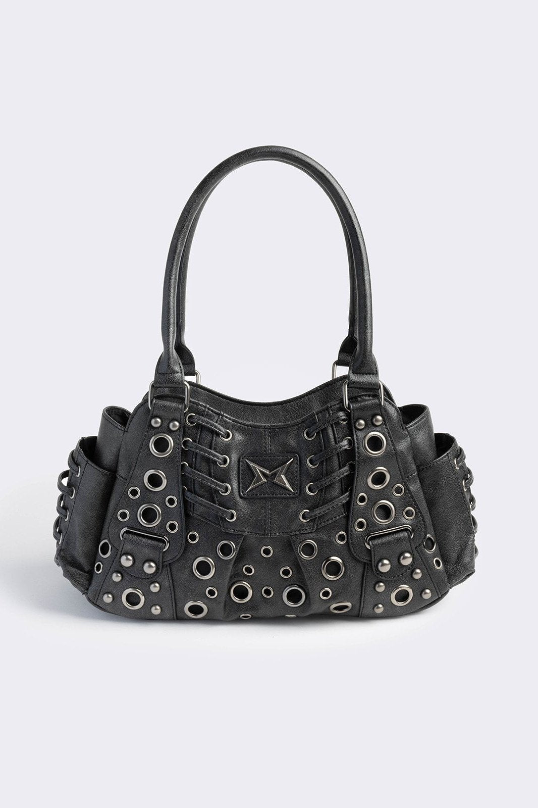 Vegan Leather Eyelet Shoulder Bag in Black | Minga London