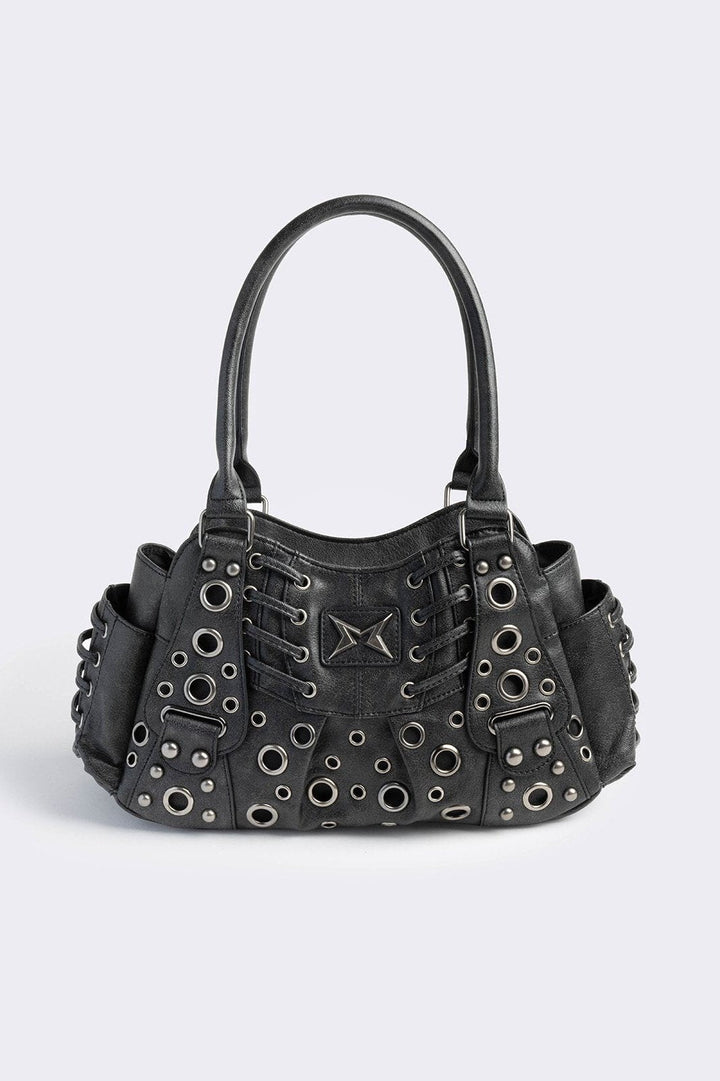 Vegan Leather Eyelet Shoulder Bag in Black | Minga London