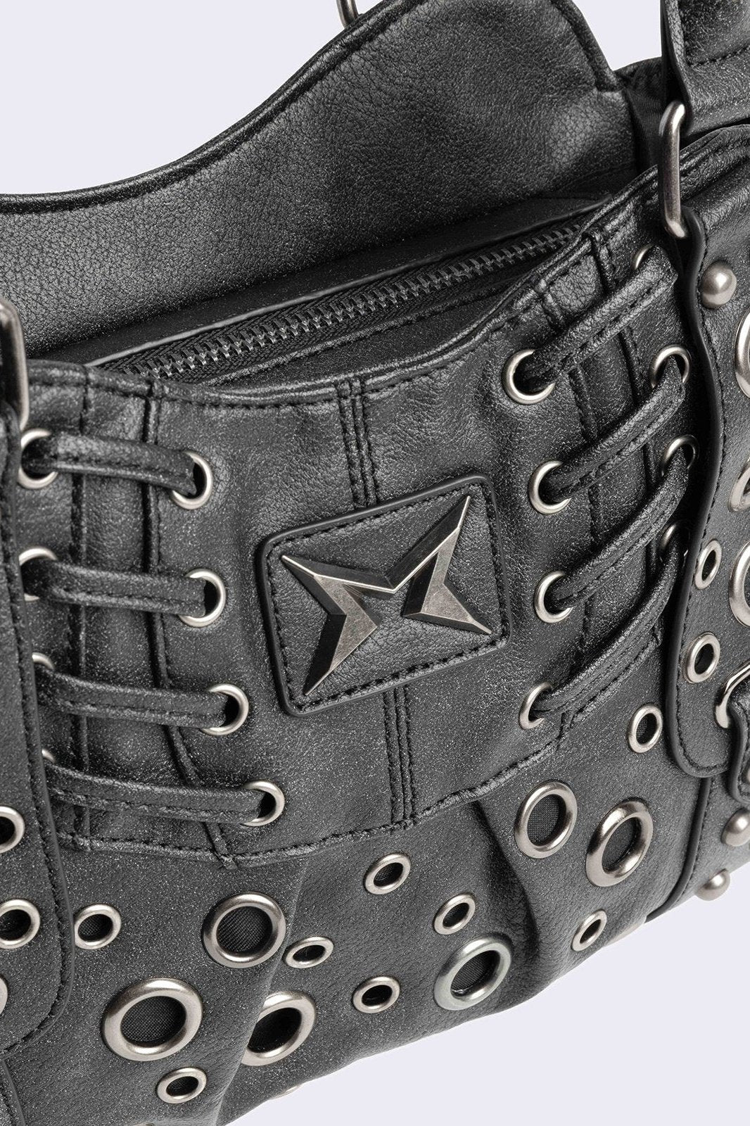 Vegan Leather Eyelet Shoulder Bag in Black | Minga London