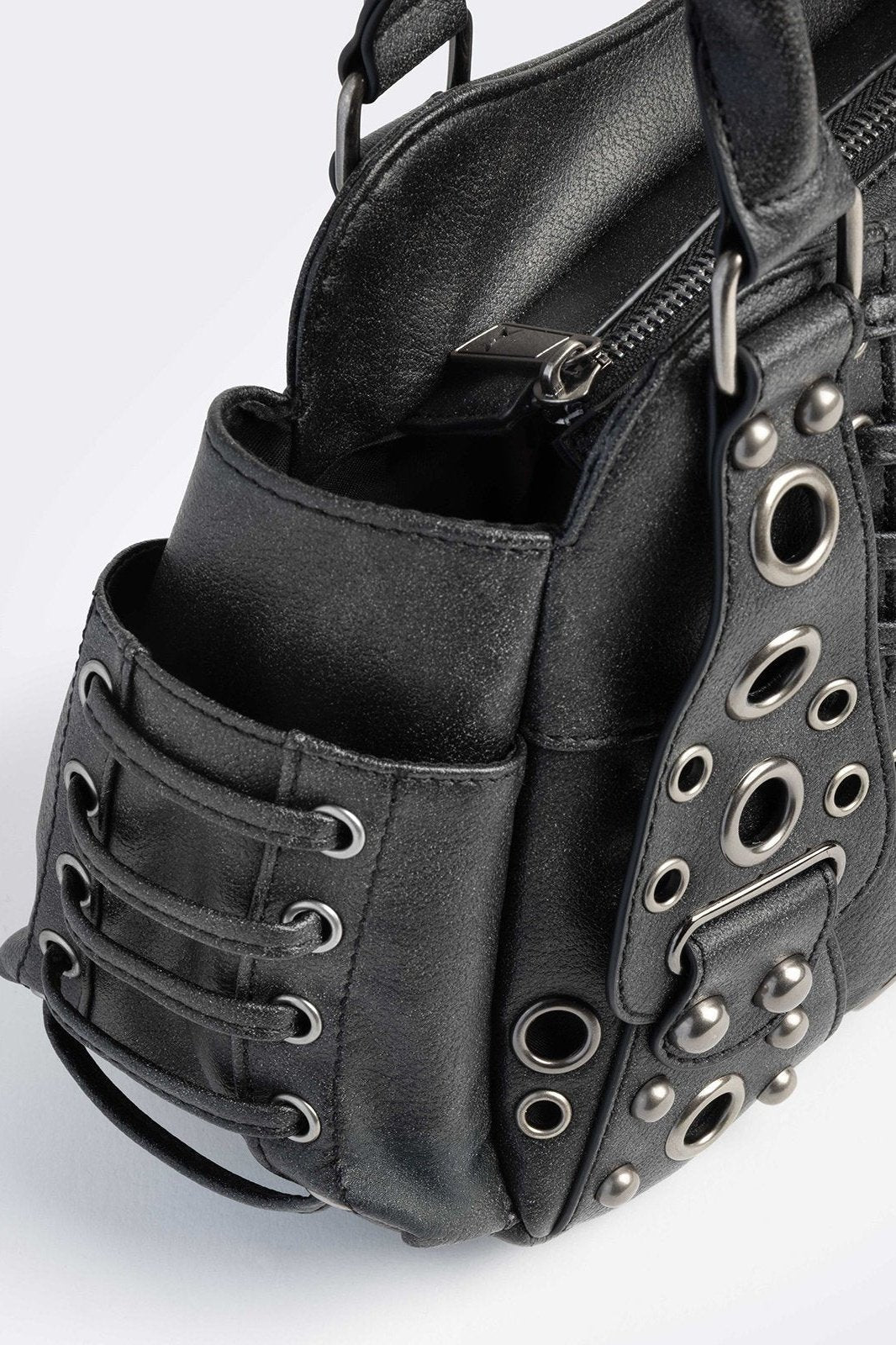 Vegan Leather Eyelet Shoulder Bag in Black | Minga London