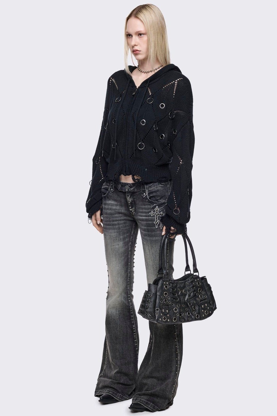 Vegan Leather Eyelet Shoulder Bag in Black | Minga London – Minga