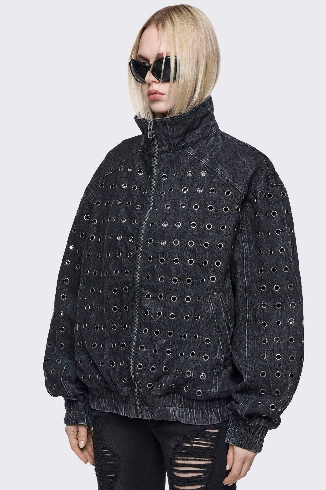 Black Denim Eyelet Bomber Jacket | Minga London