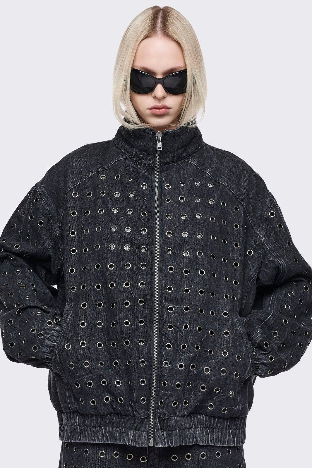 Black Denim Eyelet Bomber Jacket | Minga London