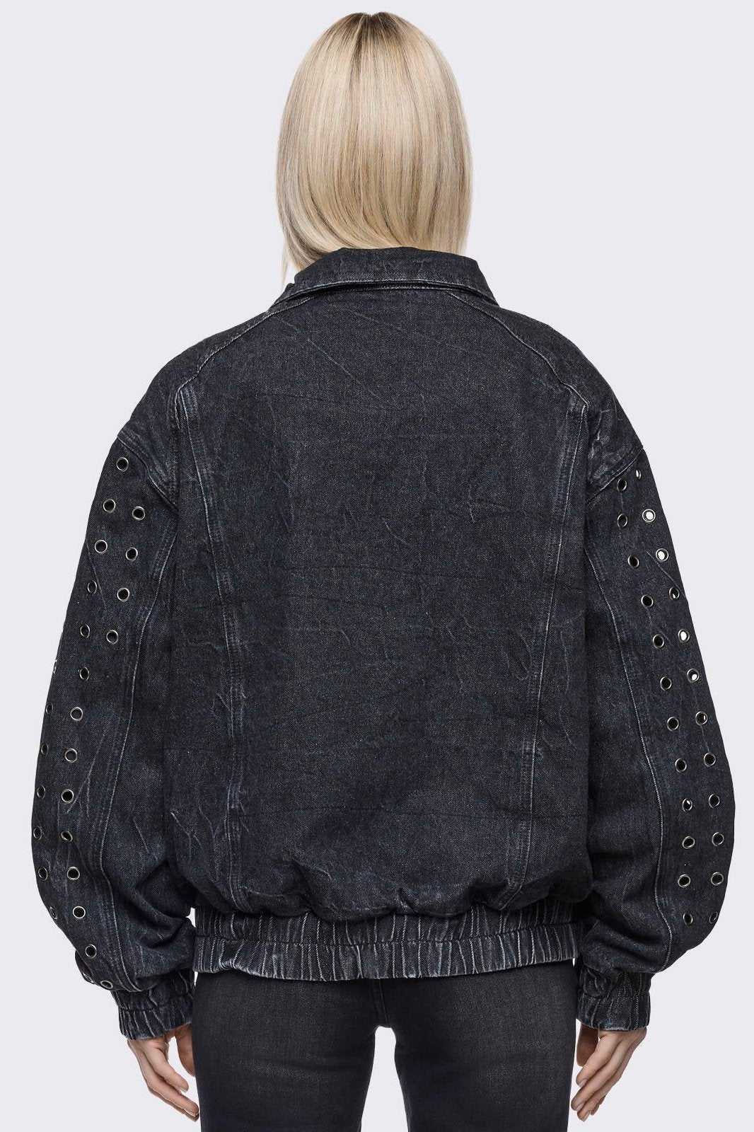 Black Denim Eyelet Bomber Jacket | Minga London
