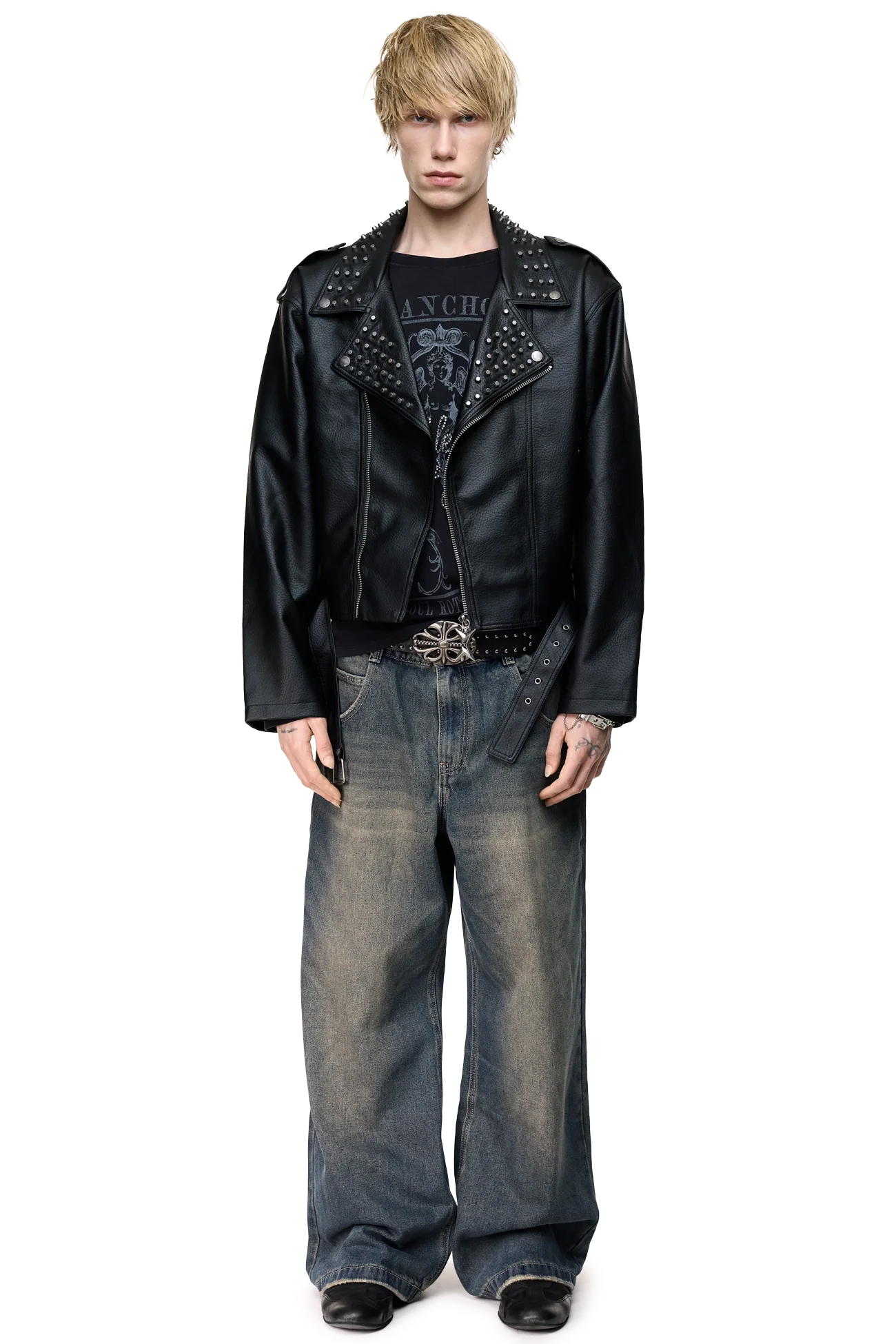 Black faux leather biker jacket with studded lapels, zip fastening, belted hem and loose fit.