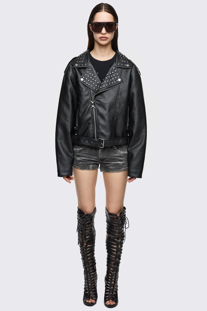 Studded Biker Jacket with Back Studded Cross | Minga London
