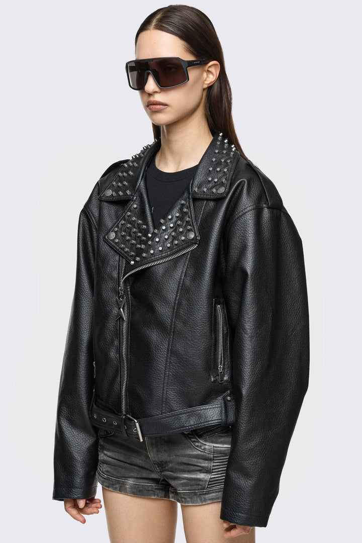 Studded Biker Jacket with Back Studded Cross | Minga London