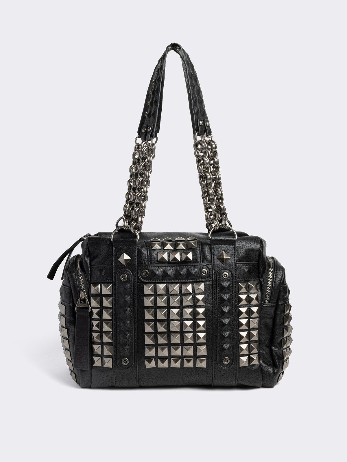 Black vegan leather shoulder bag with silver studs and two handles.