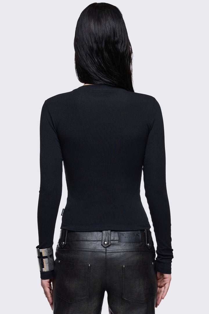 トップス TYPESHADE CROSS OF REBELLION LONG T Black Long Sleeve Top with Studded Crosses | Minga London