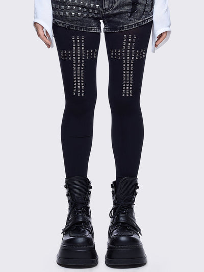 lack opaque tights with studded crosses print