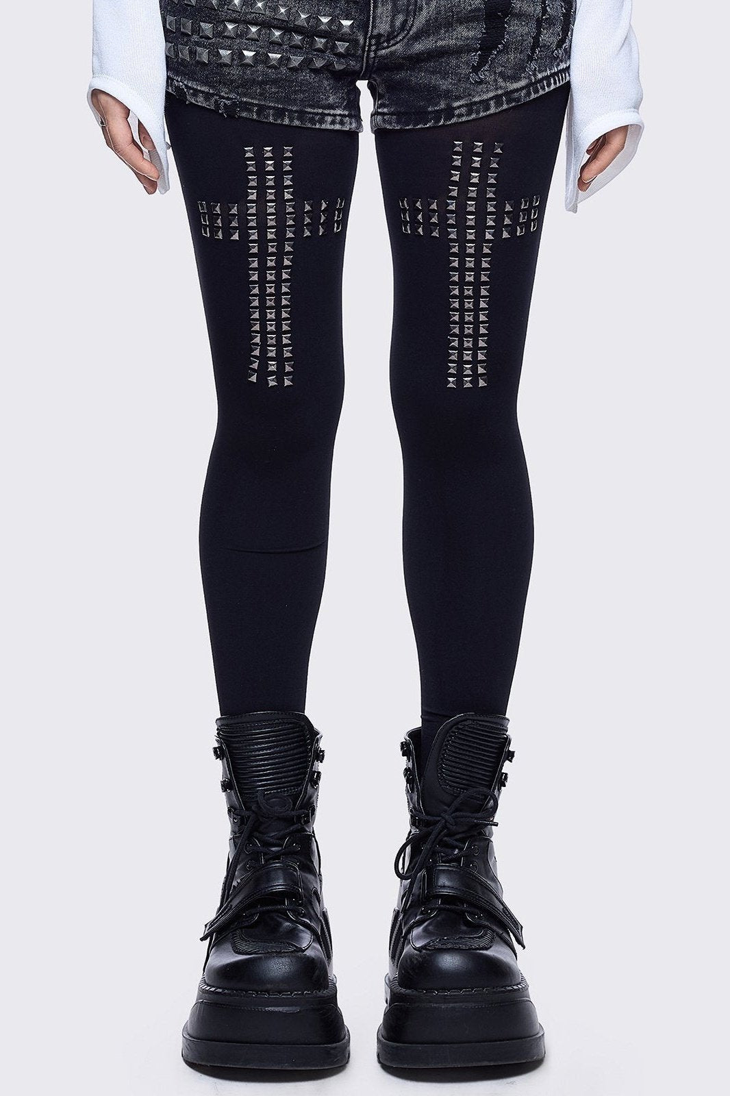 lack opaque tights with studded crosses print