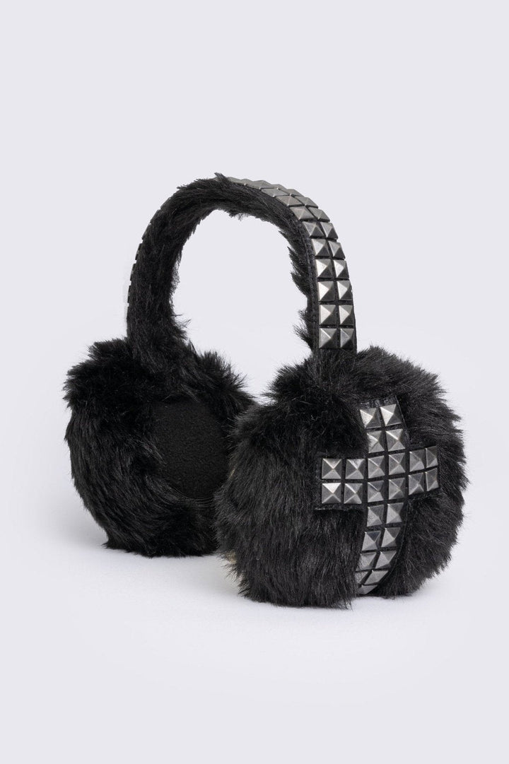 Black Studded Earmuffs with Studded Cross | Minga London