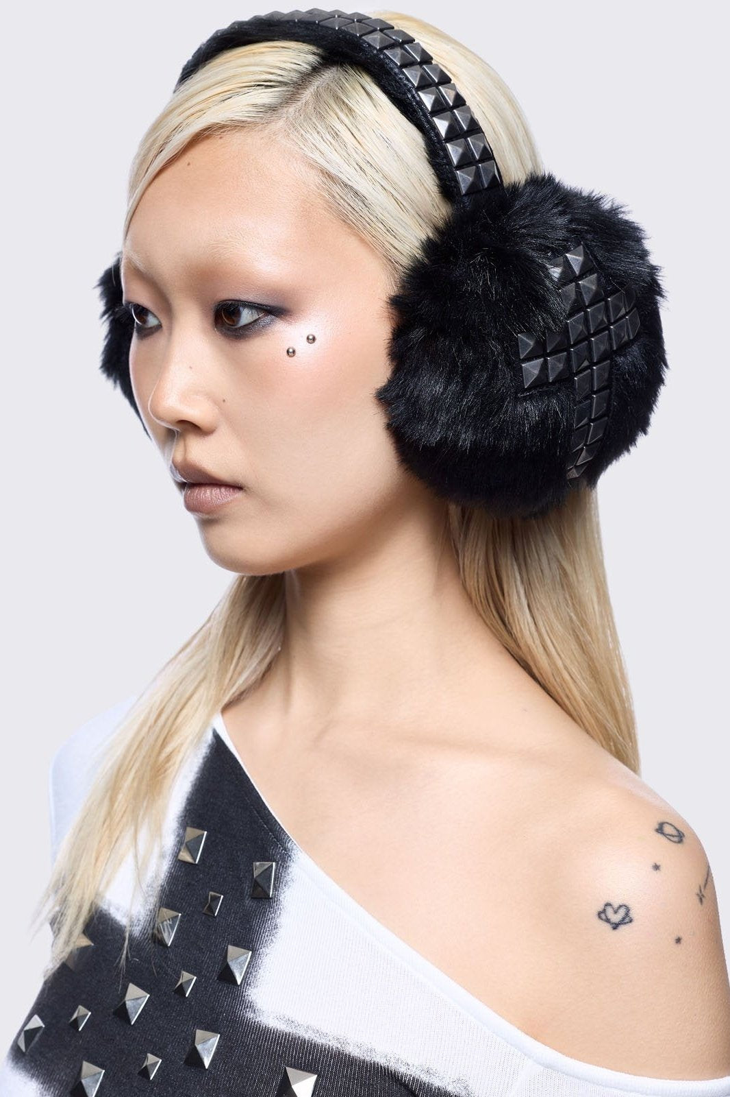 Black Studded Earmuffs with Studded Cross | Minga London
