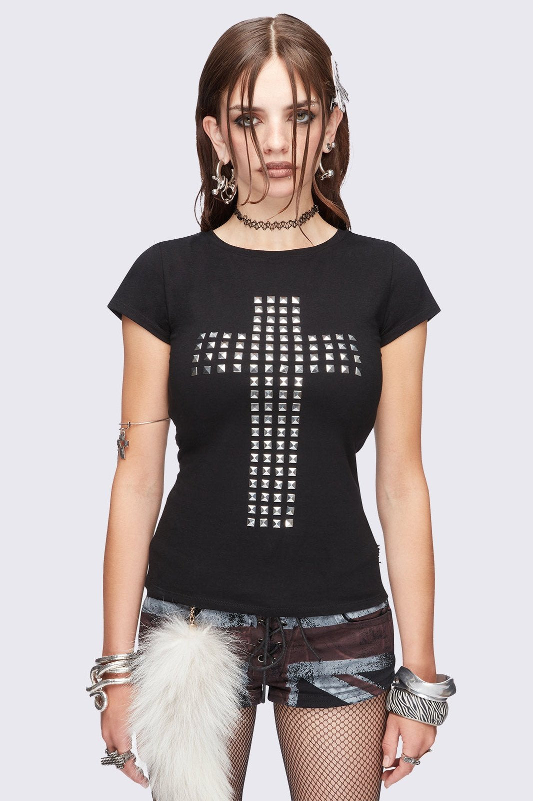 Black studded cross top with cut-out slashed open back.