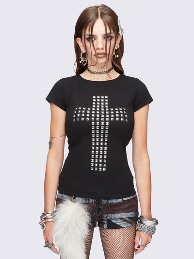 Black studded cross top with cut-out slashed open back.