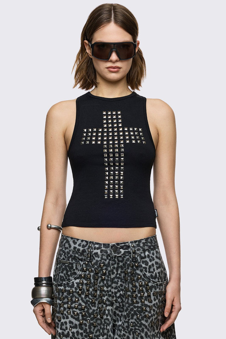 Black Studded Cross Tank Top with Open Slashed Back | Minga London