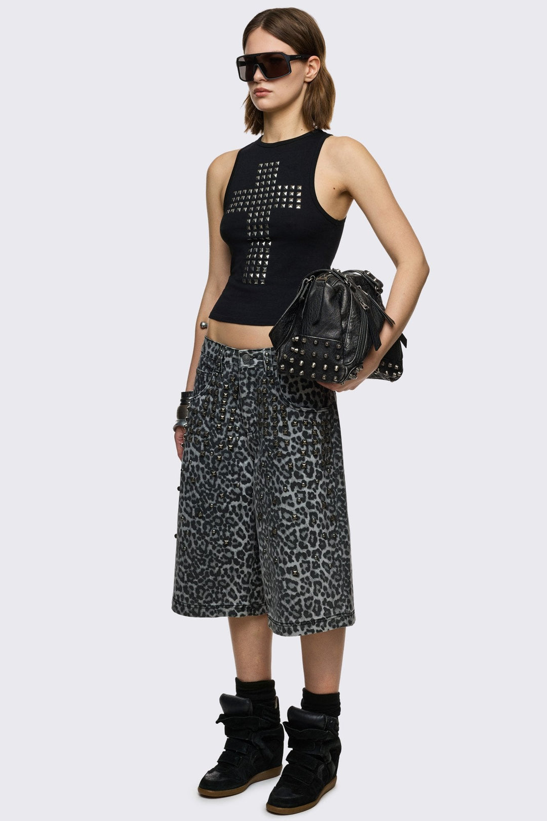 トップス salvation Y16AsymmetricDrapedTank Black Studded Cross Tank Top with Open Slashed Back | Minga London