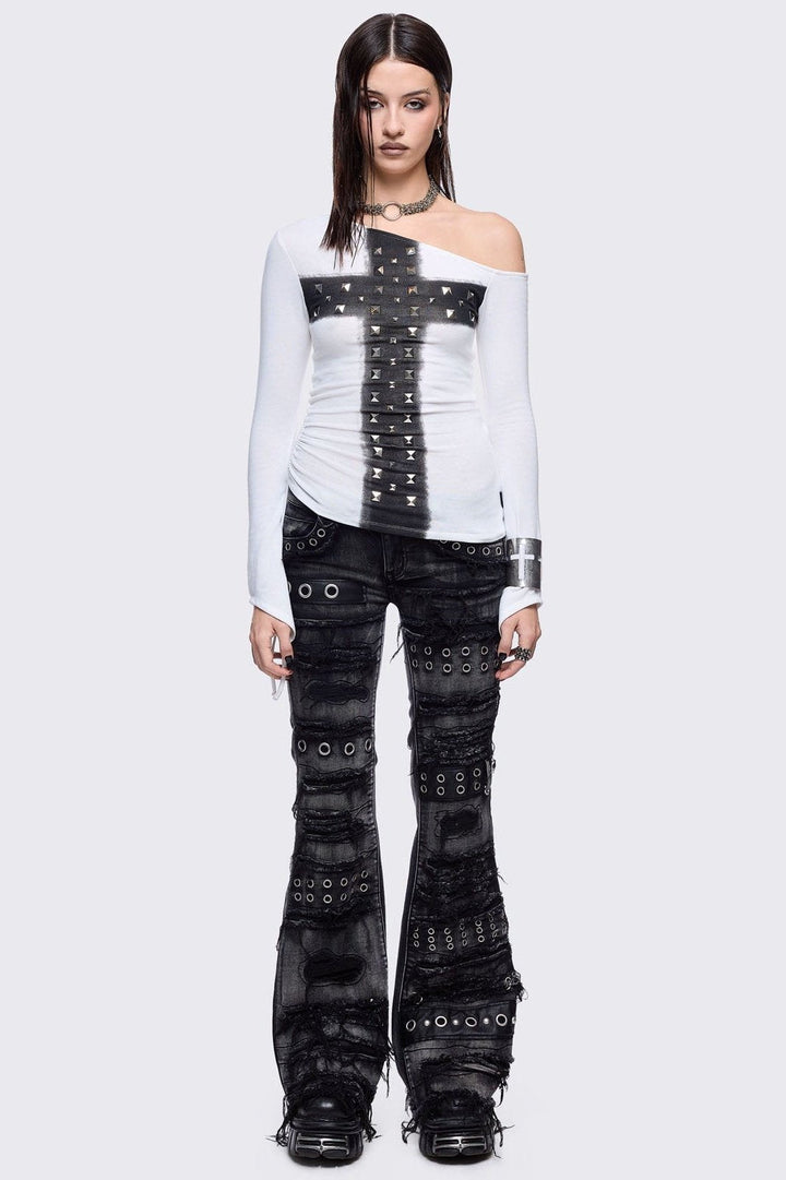 White Off Shoulder Long Sleeve Top with Black Studded Cross