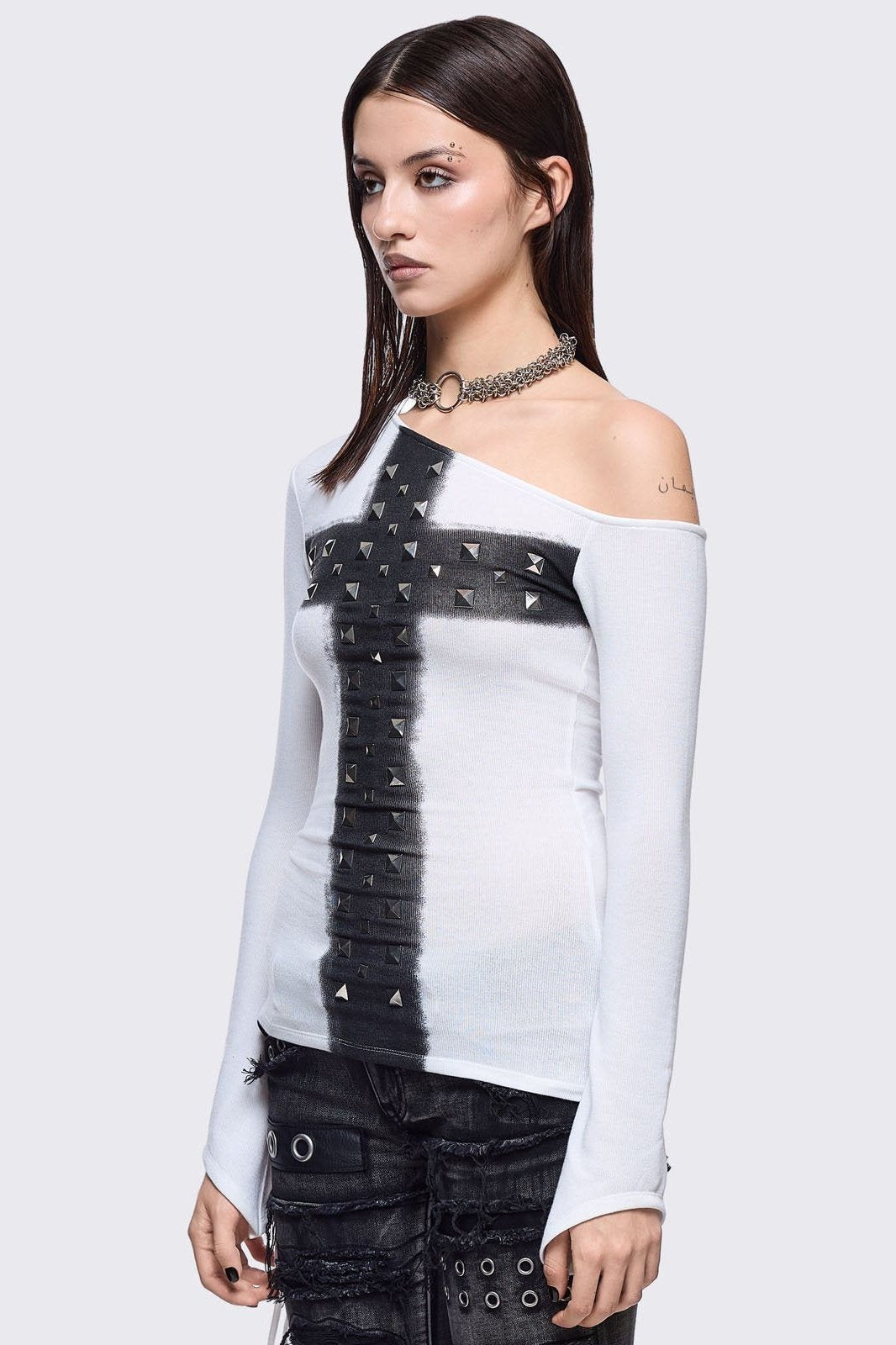 White Off Shoulder Long Sleeve Top with Black Studded Cross