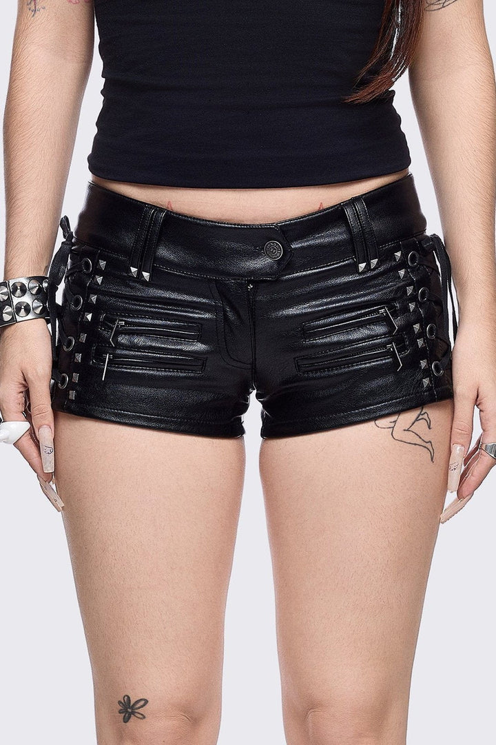MINGA London レザーショートパンツ Black Vegan Leather Hot Pants with Lace-Up and Studded Cross