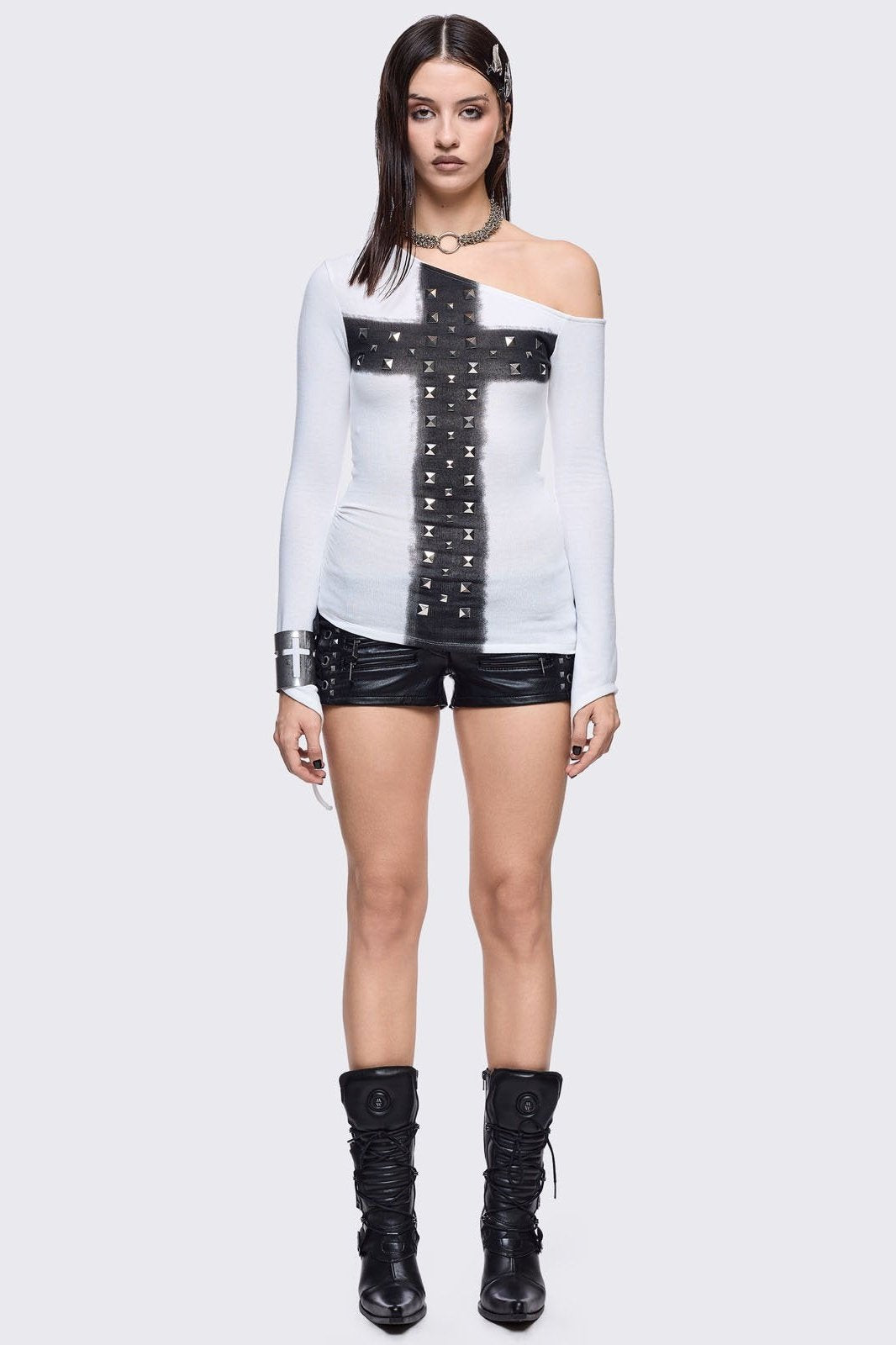 Black Vegan Leather Hot Pants with Lace-Up and Studded Cross