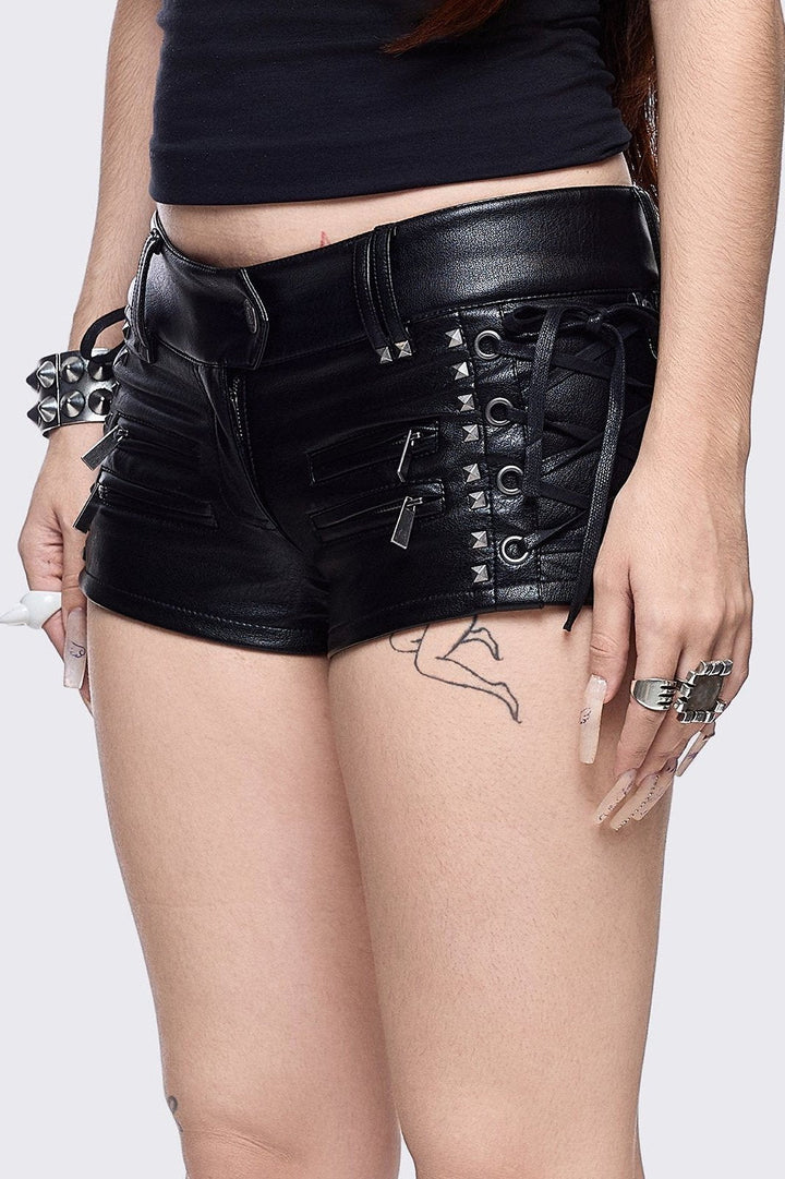 MINGA London レザーショートパンツ Black Vegan Leather Hot Pants with Lace-Up and Studded Cross