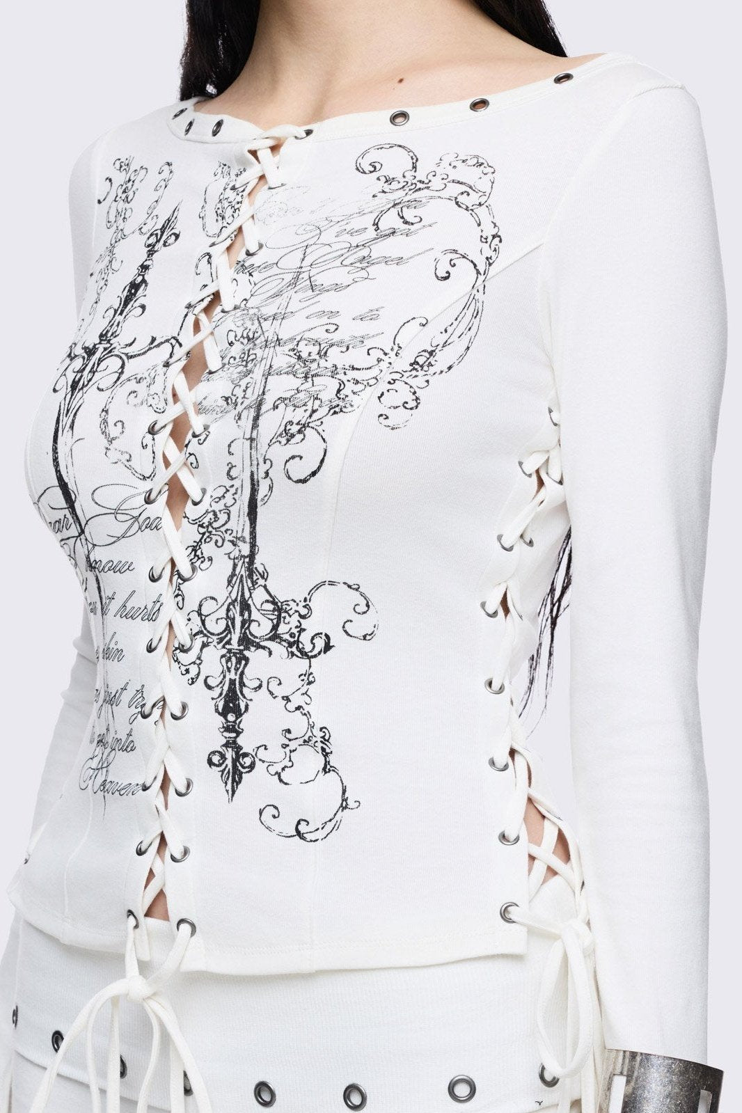White Graphic Long Sleeve Lace-Up Top | Minga London