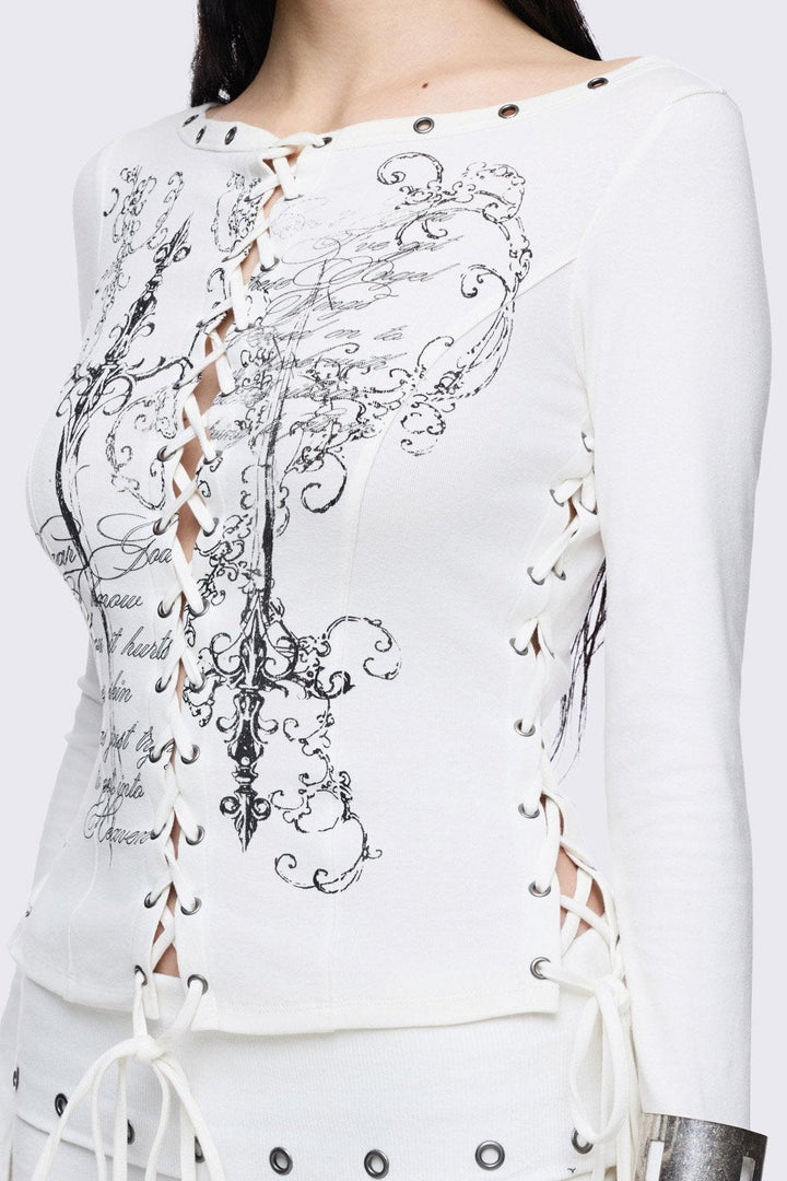 White Graphic Long Sleeve Lace-Up Top | Minga London