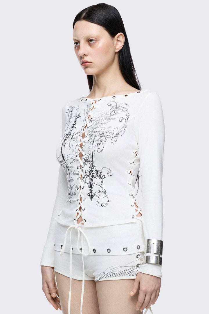 トップス Minga London spikey setup White Graphic Long Sleeve Lace-Up Top | Minga London
