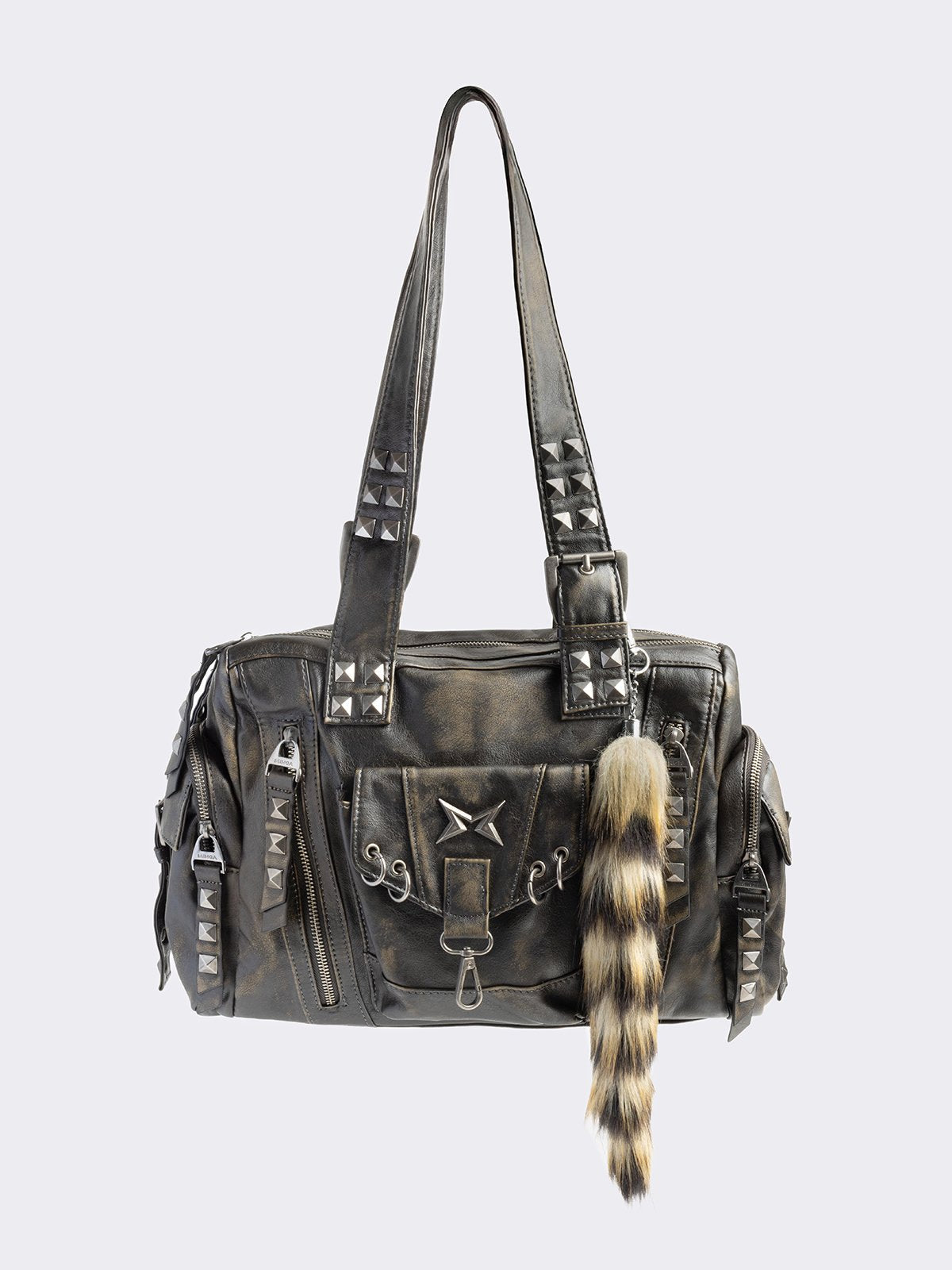 Black faux leather shoulder bag with pyramid studs, metal hardware details and removable faux fur fox tail keychain.