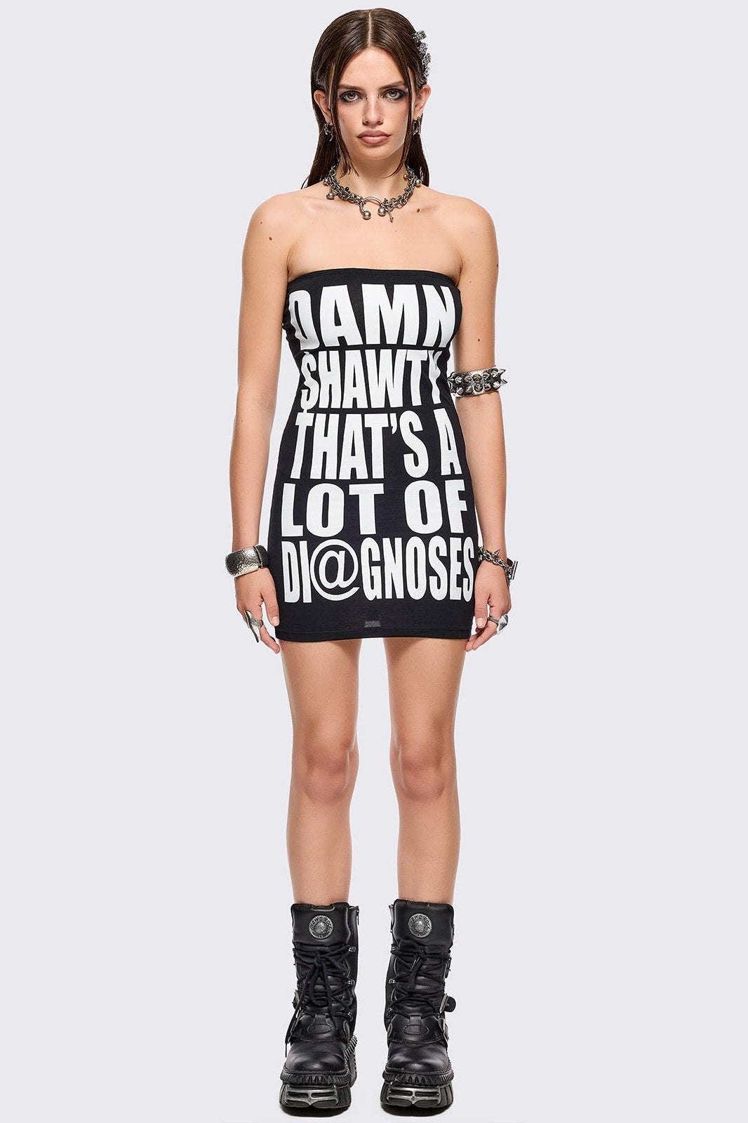 Black Bandeau Tube Mini Dress with Slogan Graphic